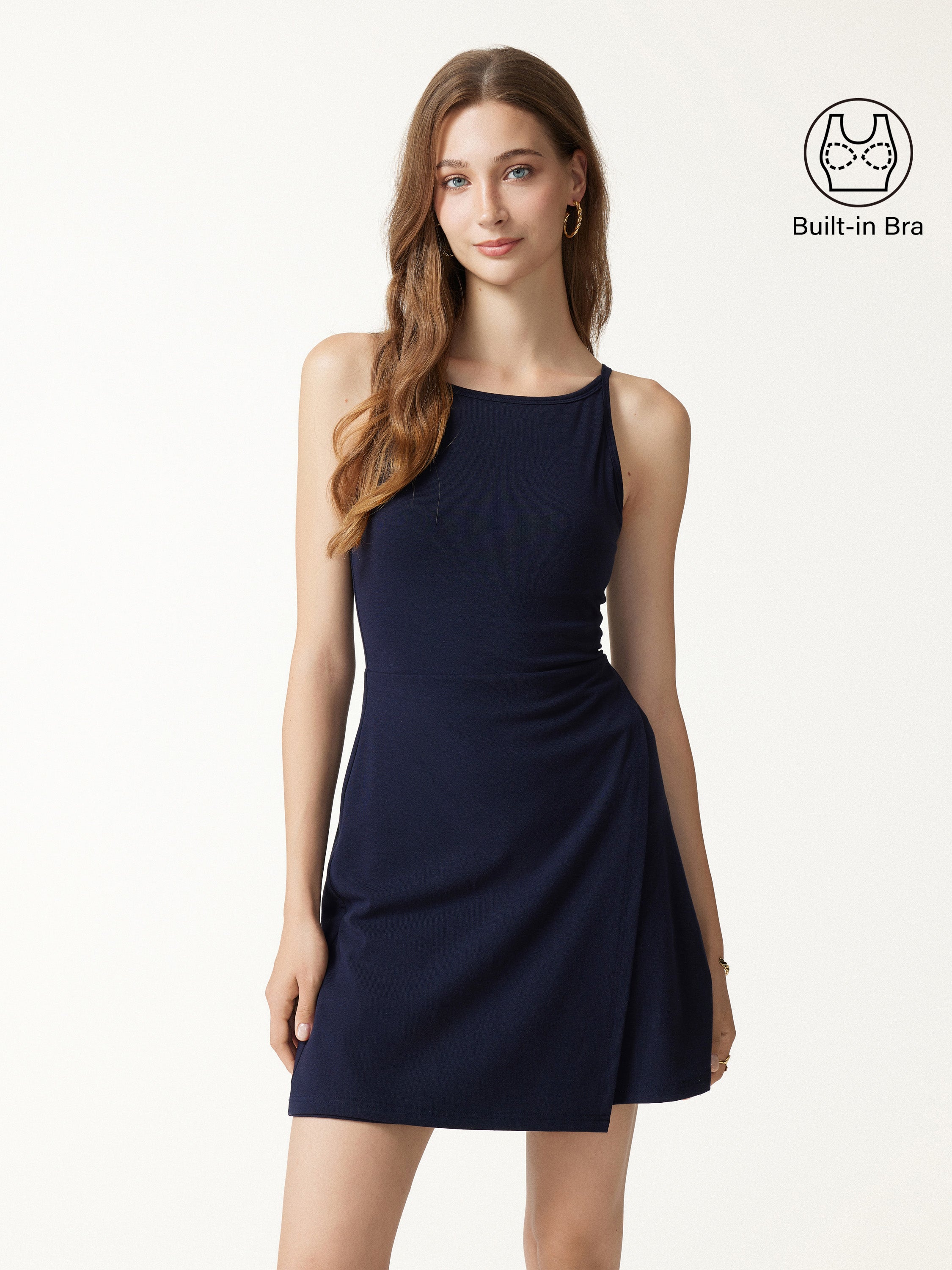 Viscose-Cotton Boatneck Sleeveless Wrap Mini Bra Dress