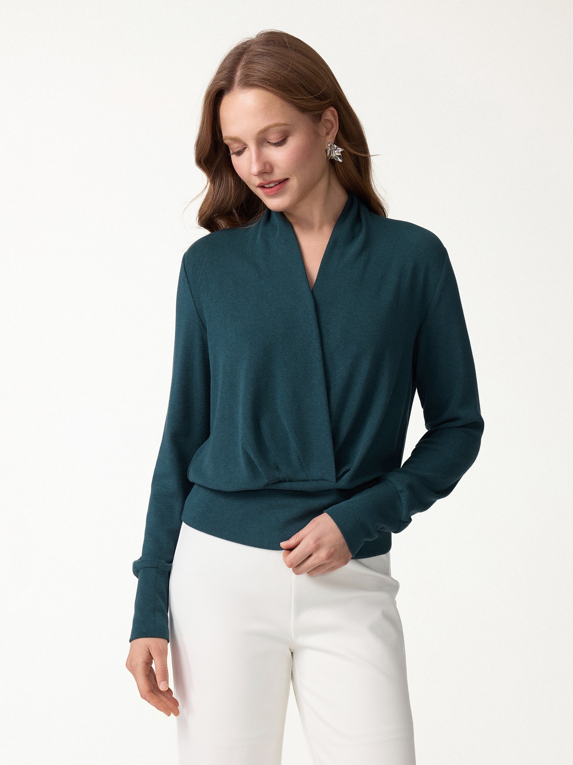 2Pcs Set Surplice Long Sleeve Banded Hem Top & A-Line Midi Skirt