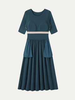 Eco-Mousse® Round Neck Elbow Sleeve Fit-and-Flare Midi Bra Dress with Pockets