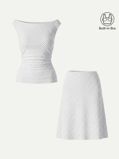 2Pcs Set Polka Dot Boatneck Bra Top & A-Line  Skirt Limited Edition