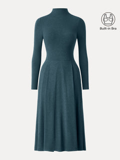 Light Warm Mockneck Pleated Midi Bra Dress with Pockets
