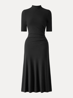 Cotton Blend Mock Neck Elbow Sleeve Tucked A-Line Midi Dress