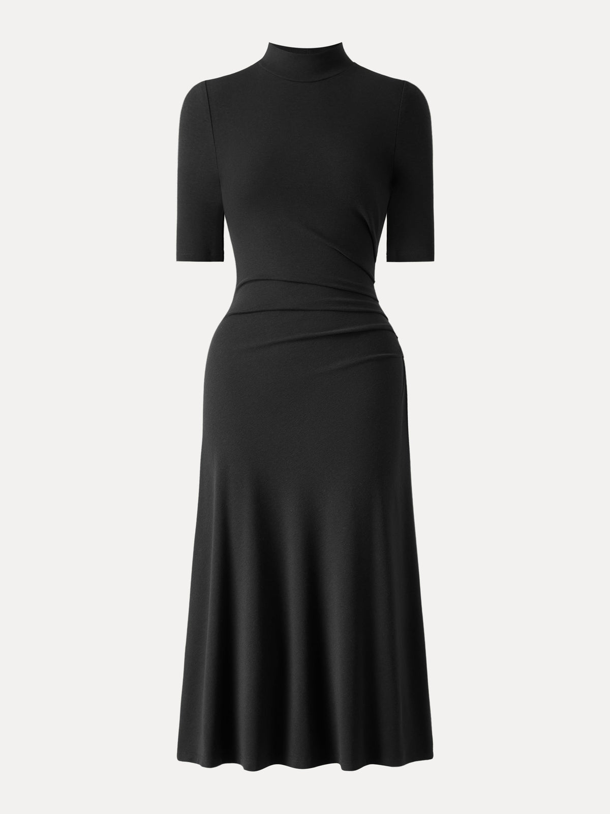Cotton Blend Mock Neck Elbow Sleeve Tucked A-Line Midi Dress