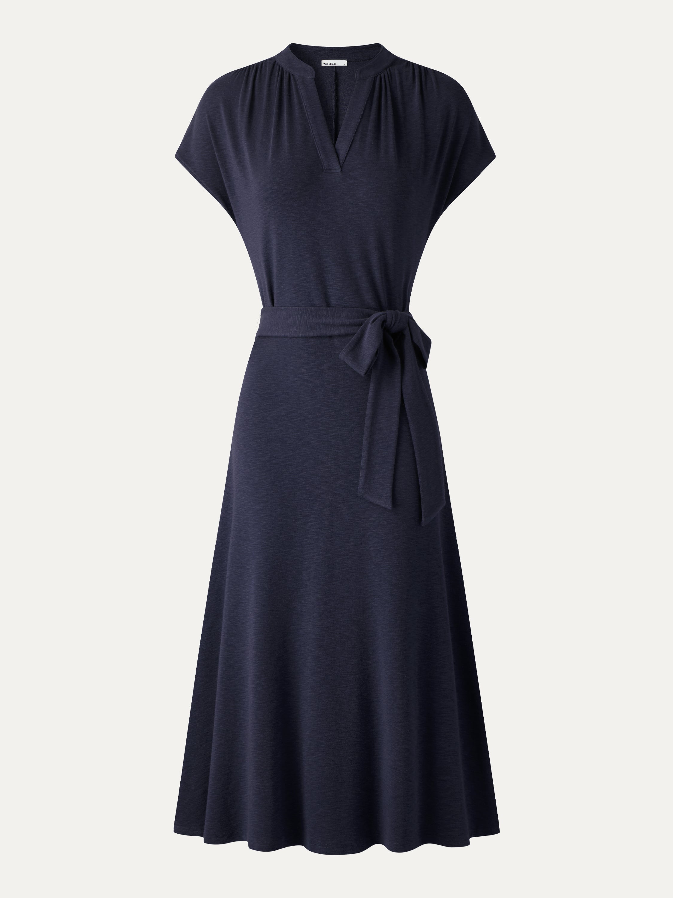 V-Neck Short Sleeve Belted Midi Dress