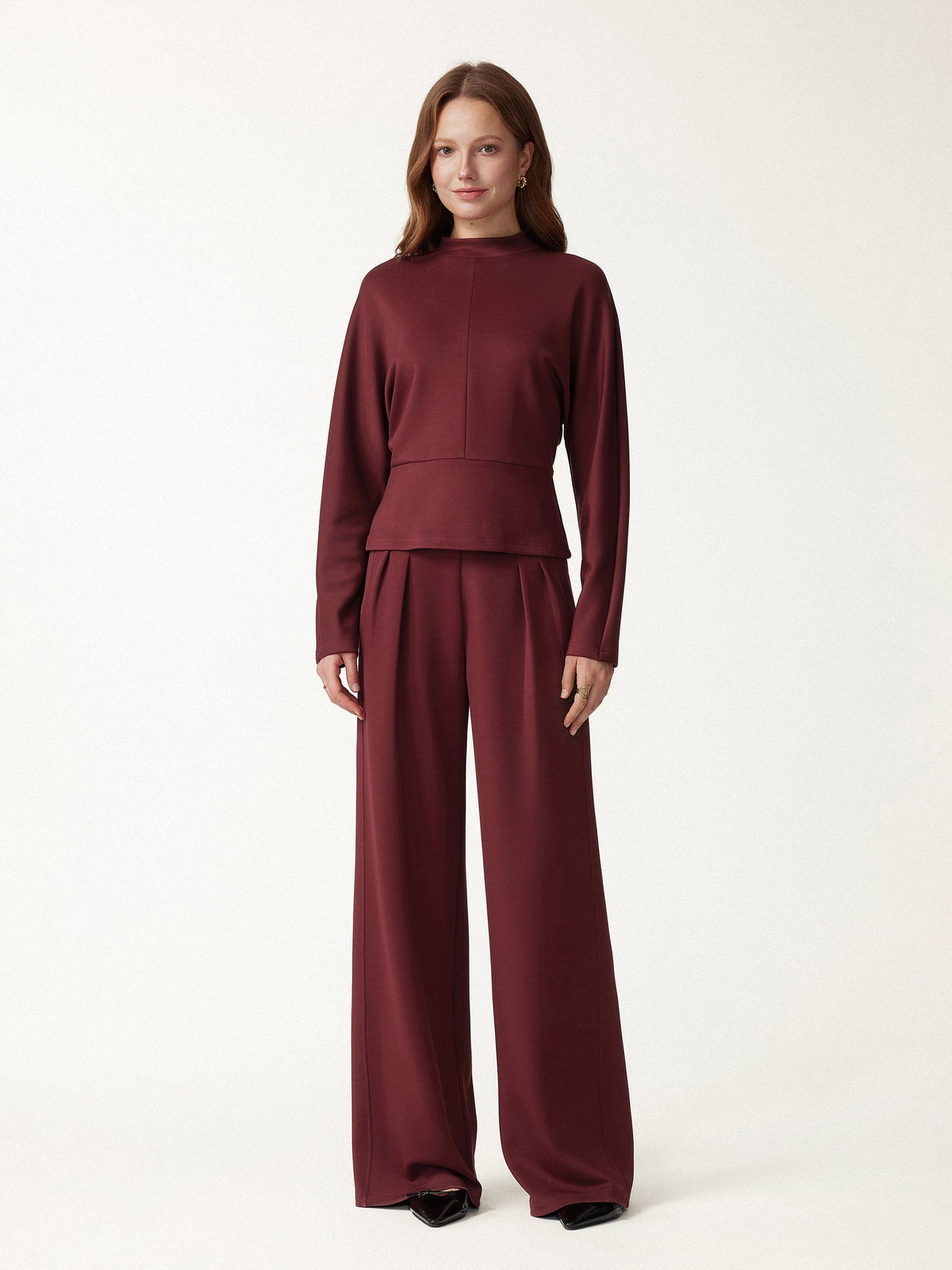 2Pcs Set Mock Neck Batwing Sleeve Top & High-Rise Wide-Leg Pants with Pockets