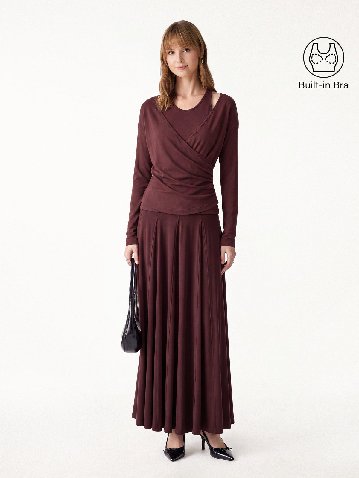 3Pcs Set Cami & Surplice Ruched Top & Godet Hem Maxi Skirt