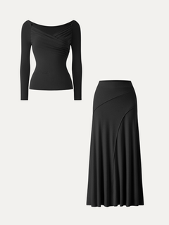 2Pcs Set Surplice Long Sleeve Ruched Top &  A-Line Midi Skirt