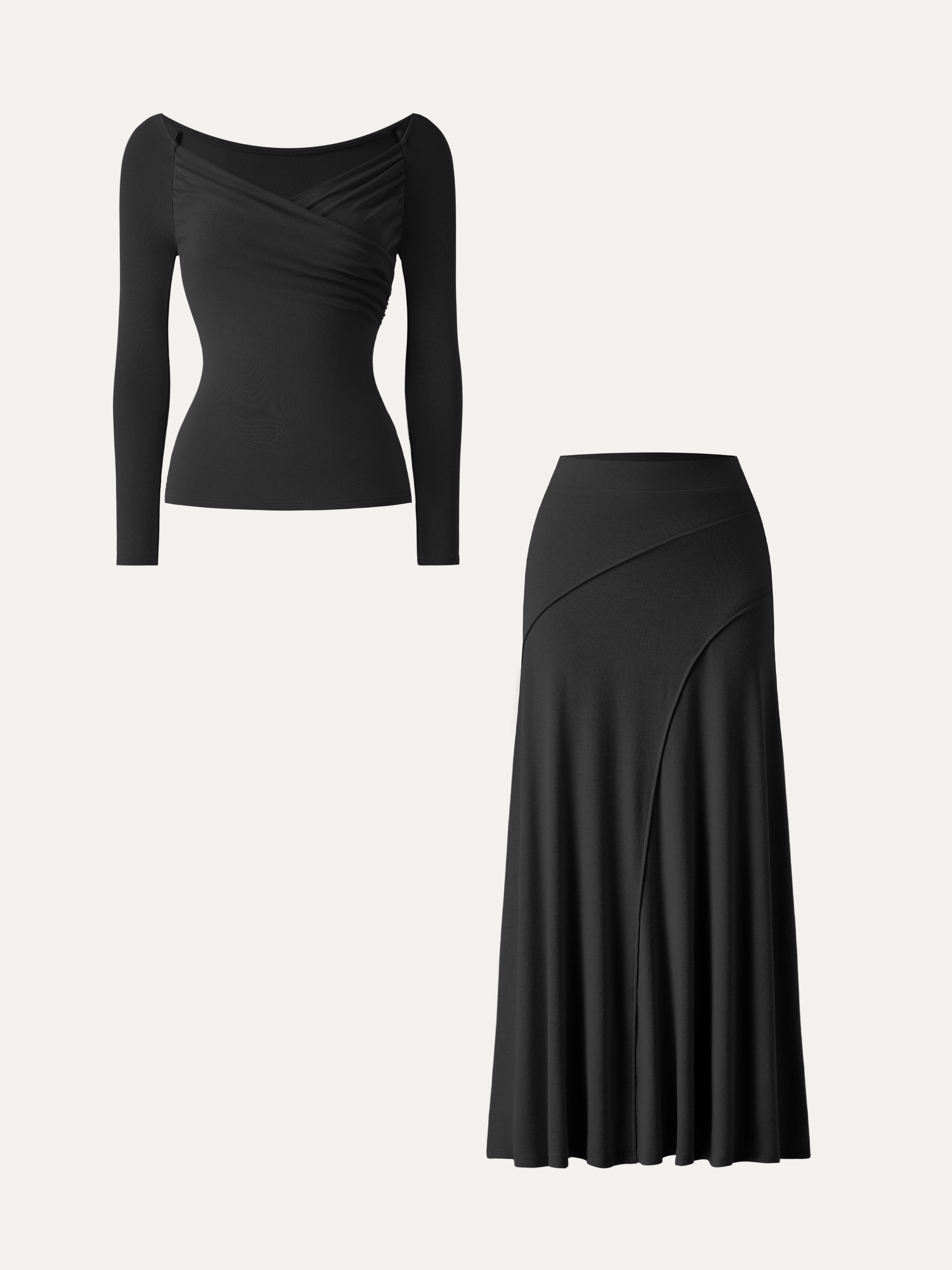 2Pcs Set Surplice Long Sleeve Ruched Top &  A-Line Midi Skirt