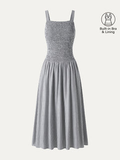 Striped Poplin Square Neck Smocked Midi Bra Dress