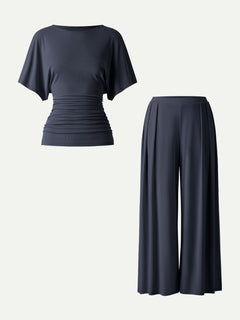2Pcs Set Boatneck Sleeve Top & Wide Leg Palazzo Pant with Pockets
