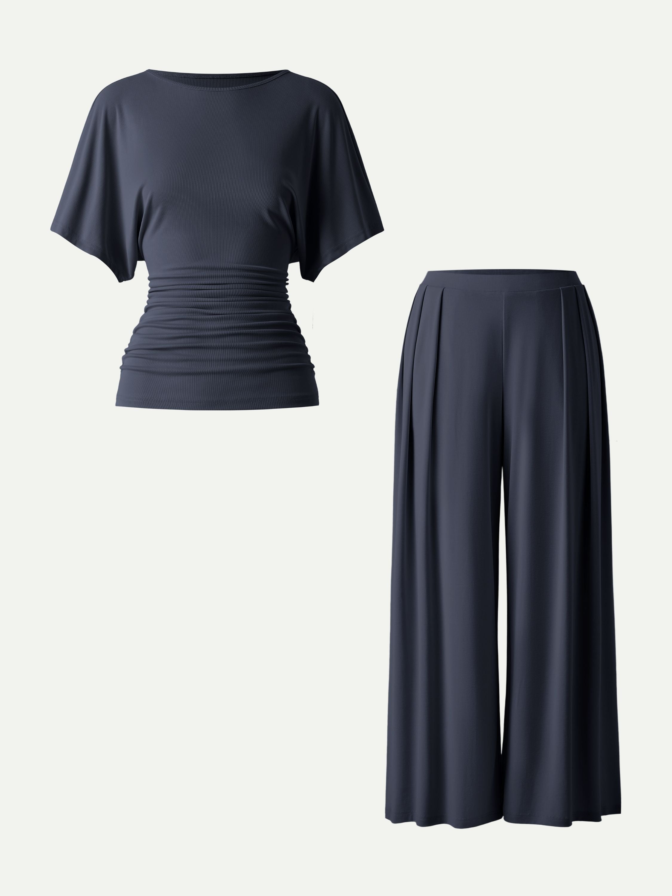 2Pcs Set Boatneck Sleeve Top & Wide Leg Palazzo Pant with Pockets