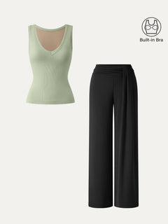 2Pcs Set V-neck Bra Tank & Mid-Rise Wide-Leg Lounge Pants