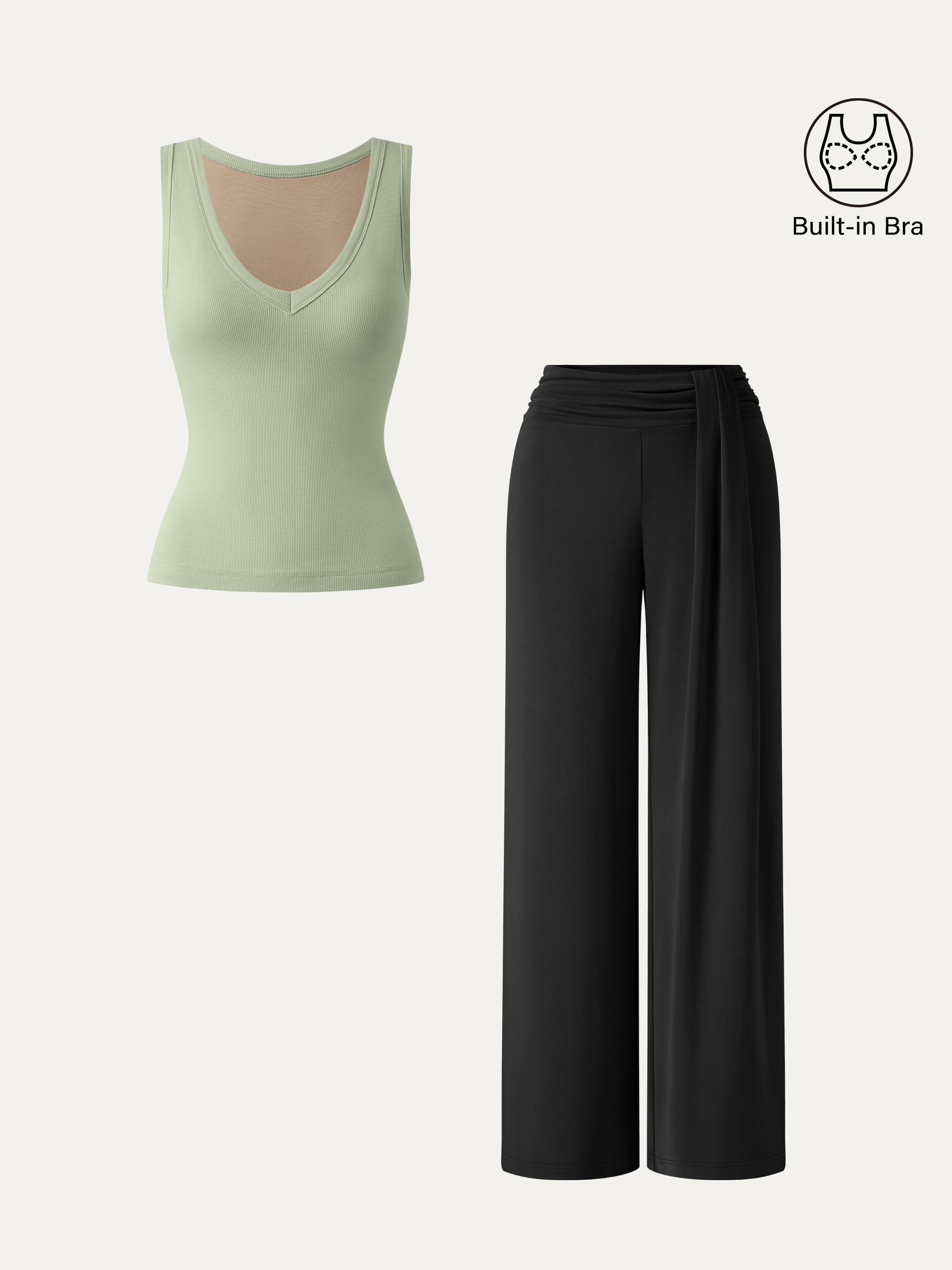 2Pcs Set V-neck Bra Tank & Mid-Rise Wide-Leg Lounge Pants