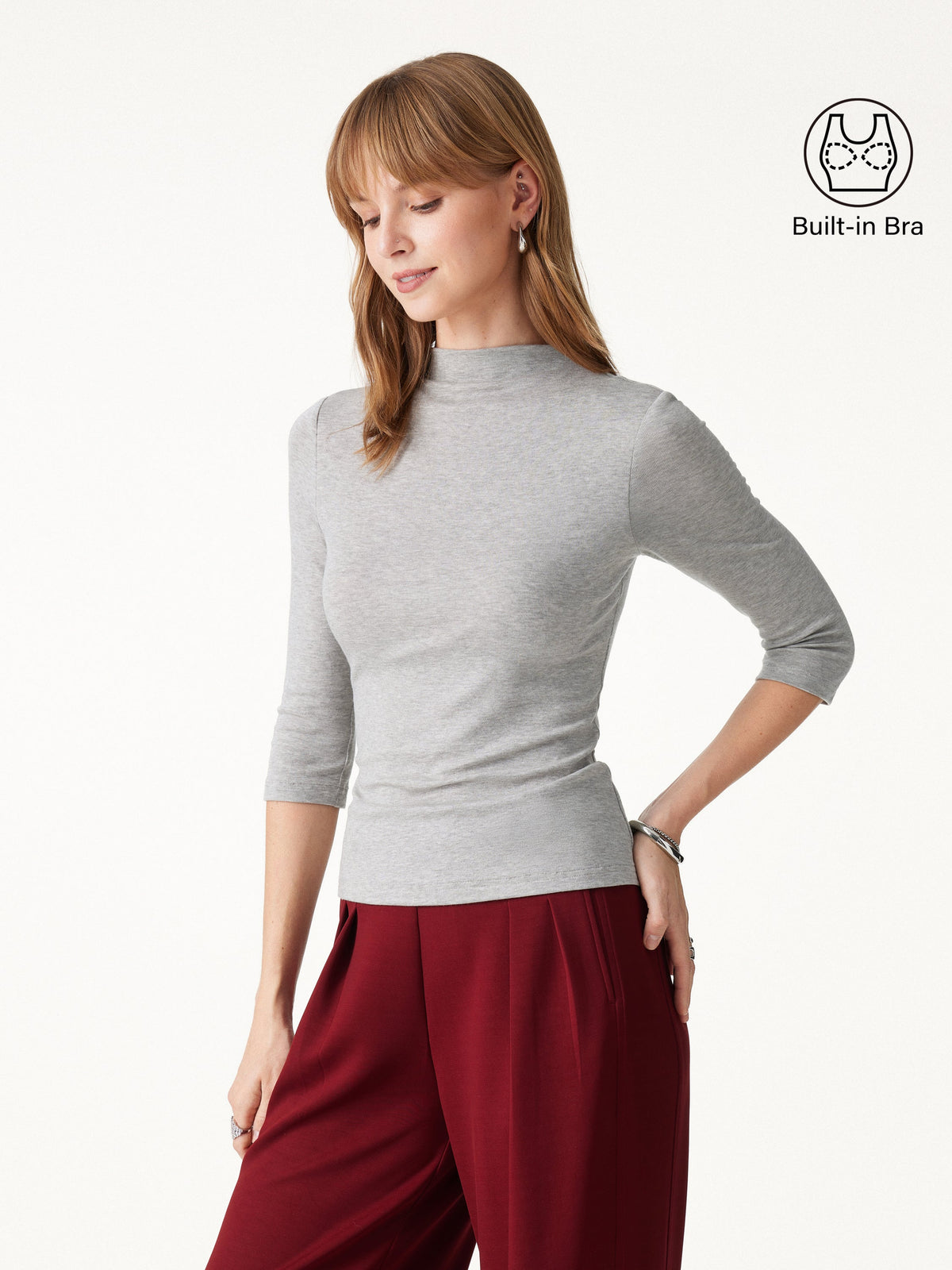 Premium Lyocell-Wool Knit Mock Neck 3/4 Sleeve Bra Top