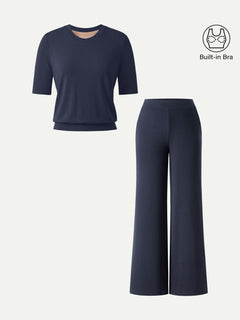2Pcs Set Petite Wide Leg Pant with Pockets & Crewneck Bra Top