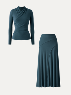 2Pcs Set Surplice Long Sleeve Top & A-Line Midi Skirt