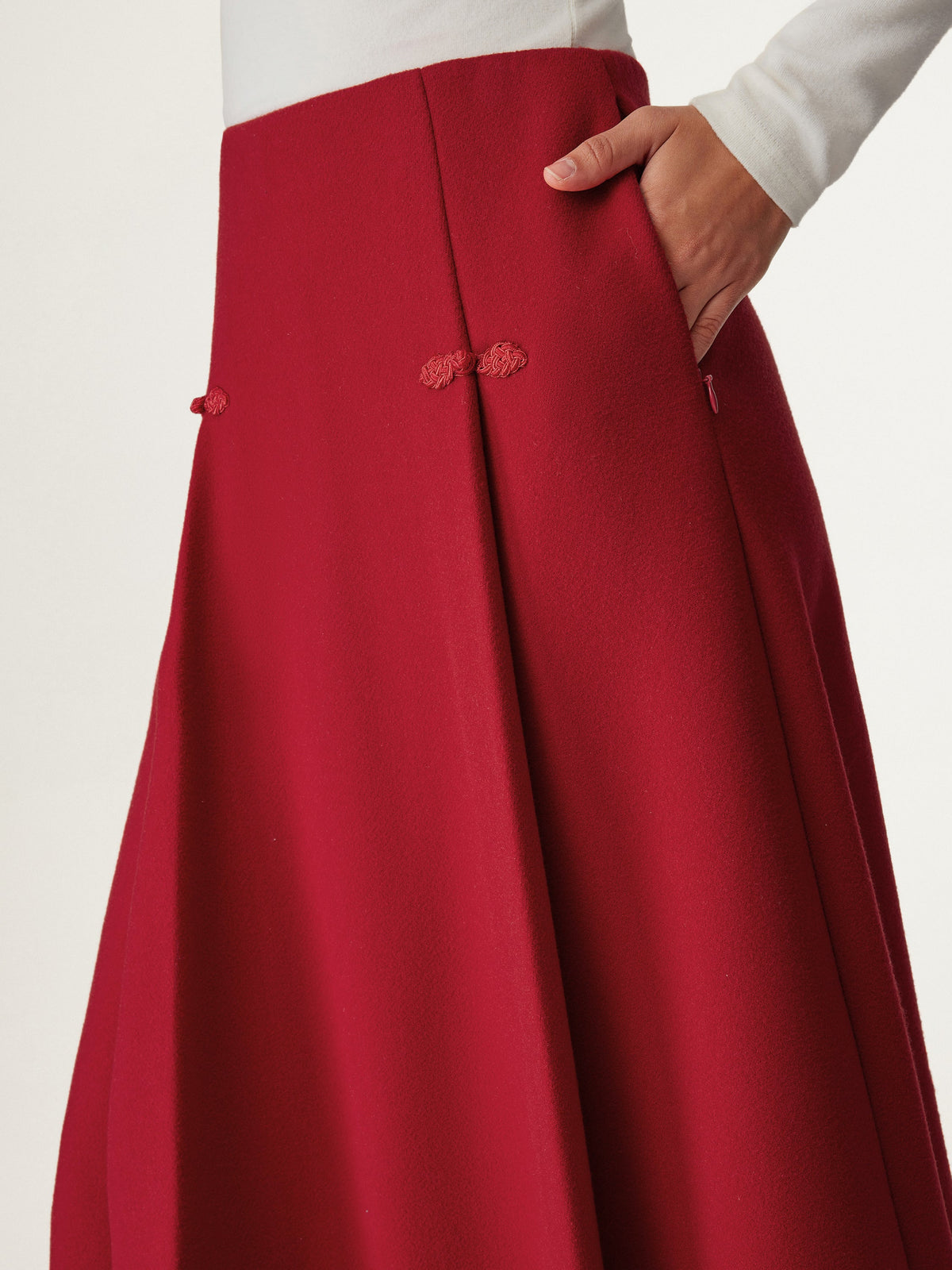 Wool-like Frog Button A-Line Midi Skirt Limited Edition