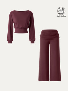 2Pcs Set Boatneck Bra & Drapey Wide Leg Pull-on Pants with Pockets