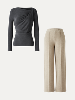2Pcs Set Asymmetrical Neck Long Sleeve Top & High Waisted Straigh Leg Pull On Pant
