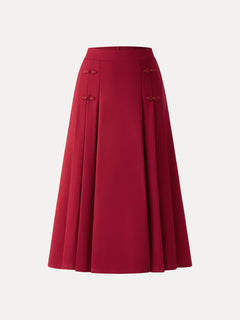 Pleated Frog Button Decor Midi A-line Skirt Limited Edition