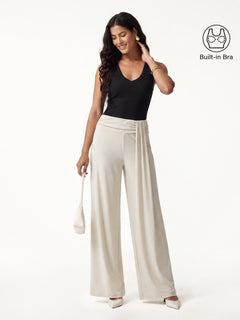 2Pcs Set V-neck Bra Tank & Mid-Rise Wide-Leg Lounge Pants