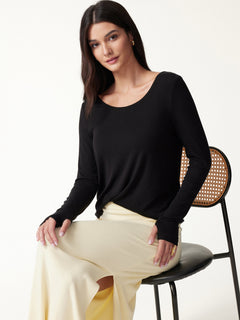 Premium Lyocell-Wool Scoop Neck Thumbhole Long Sleeve Top
