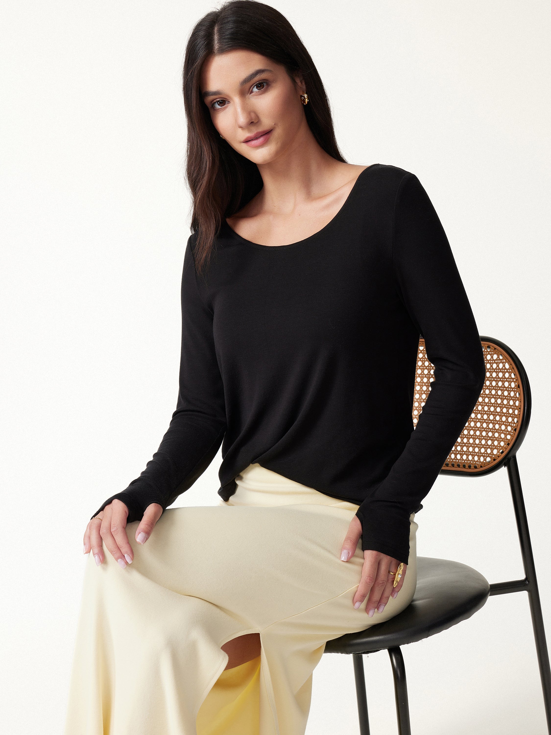 Premium Lyocell-Wool Scoop Neck Thumbhole Long Sleeve Top