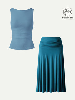2Pcs Set Open Back Bra Tank & Side Ruched A-line Midi Skirt