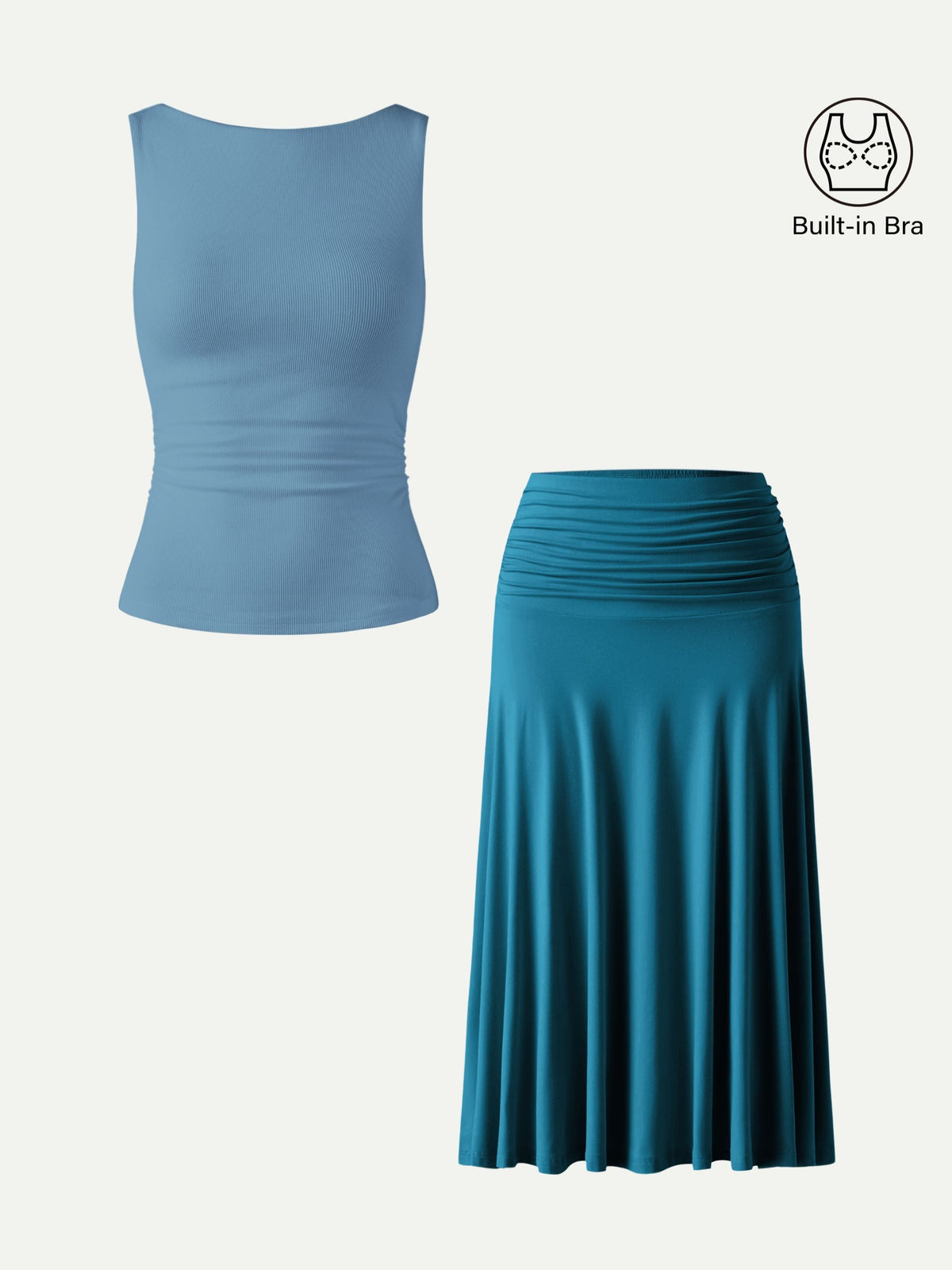 2Pcs Set Open Back Bra Tank & Side Ruched A-line Midi Skirt