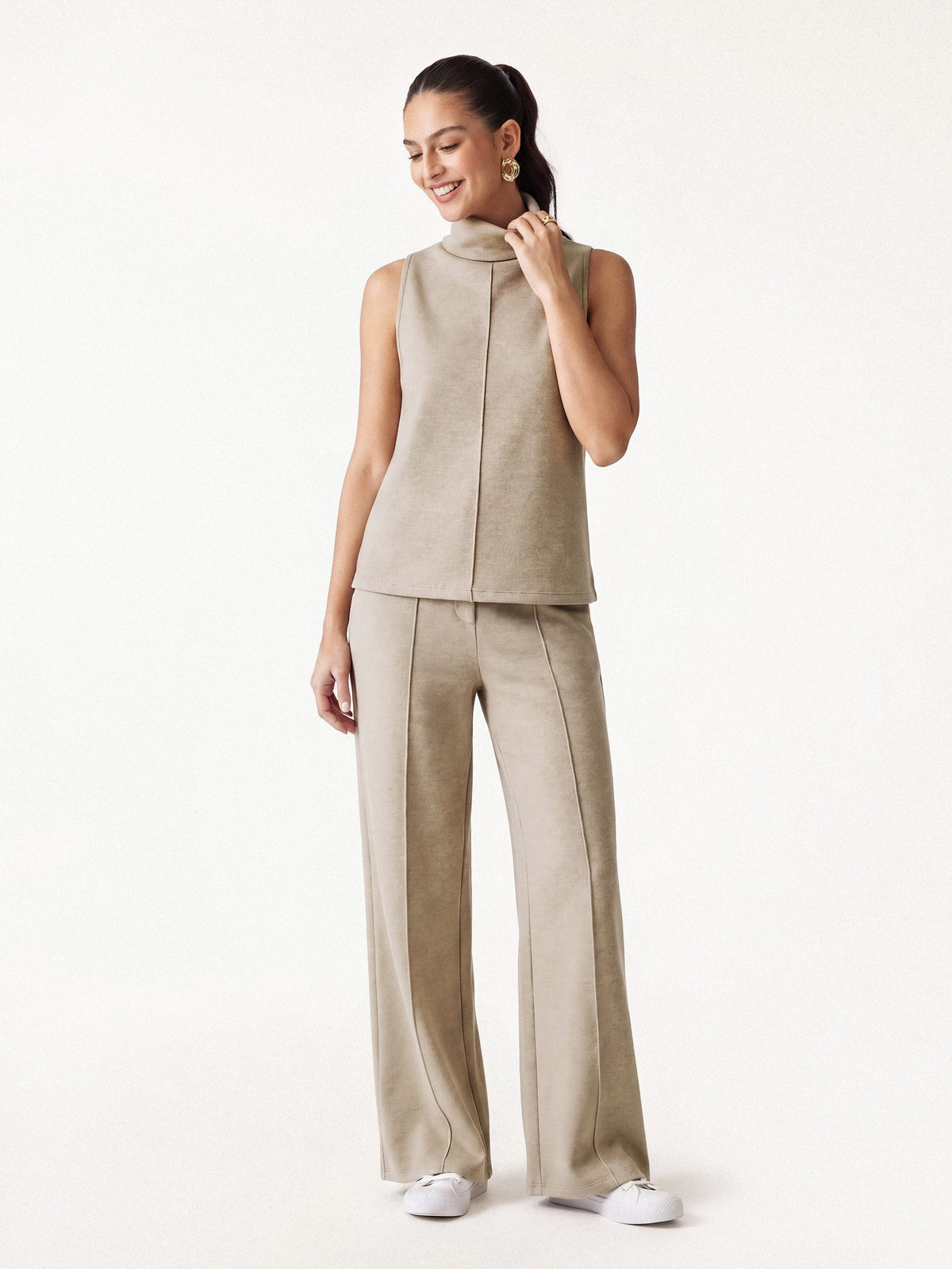 2Pcs Set Petite High Waisted Straight Leg Pant & Split Hem Top