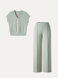 2Pcs Set V-Neck Short Sleeve Top & Cropped Straight-Leg Pants with Pockets