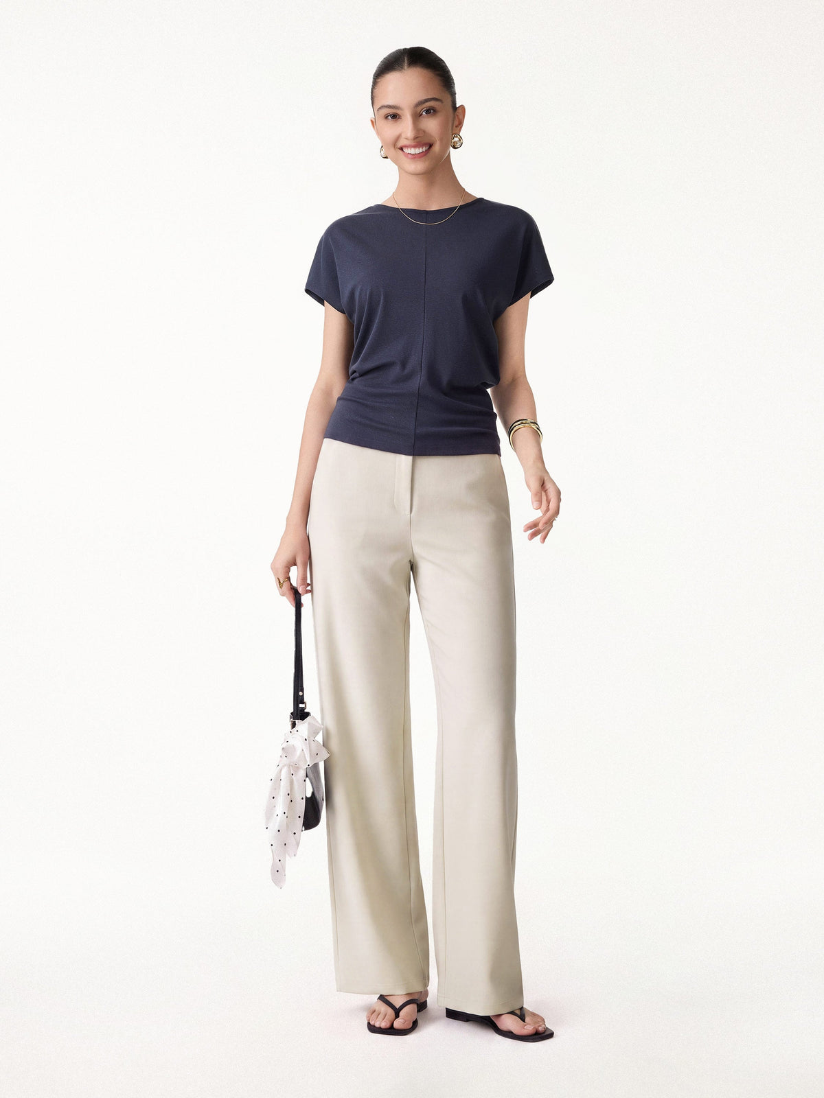 2Pcs Set Round Neck Relaxed Top & Mid Rise Fly-Front Wide Leg Trousers
