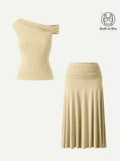 2Pcs Set Multi-wear Bra Top & Side Ruched A-line Midi Skirt