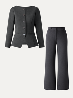 2Pcs Set Neck Long Sleeve Jacket with Pockets & Mid-Rise Wide-Leg Pants with Pockets