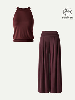 2Pcs Set Halter Neck Bra Tank & Tucked Pant with Pockets