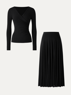 2Pcs Set Surplice Ruched Long Sleeve & Godet Hem Pull-on Maxi Skirt