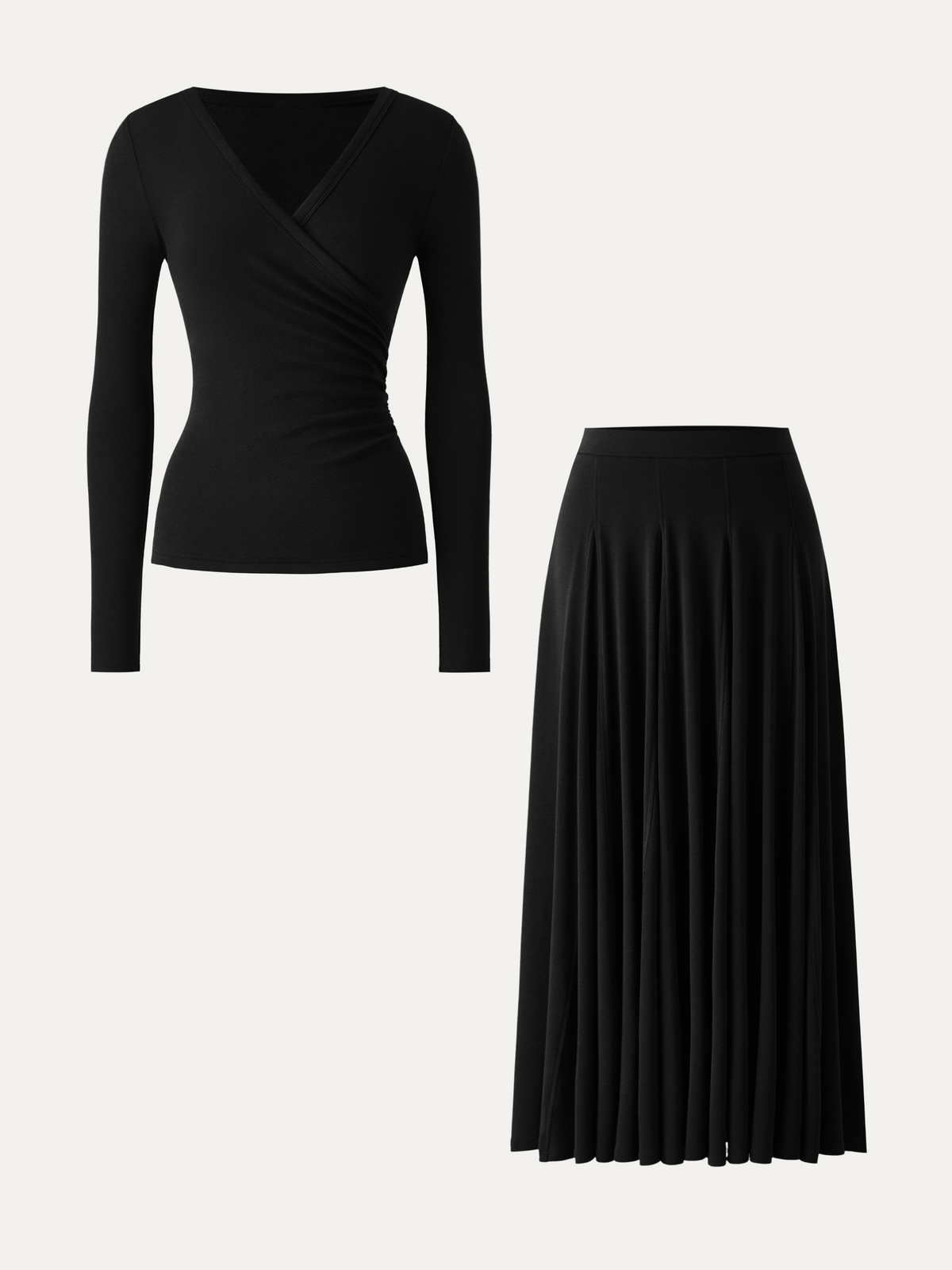 2Pcs Set Surplice Ruched Long Sleeve & Godet Hem Pull-on Maxi Skirt