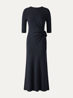 Slub Ribbed Round Neck Elbow Sleeve Tie-Waist Midi Dress