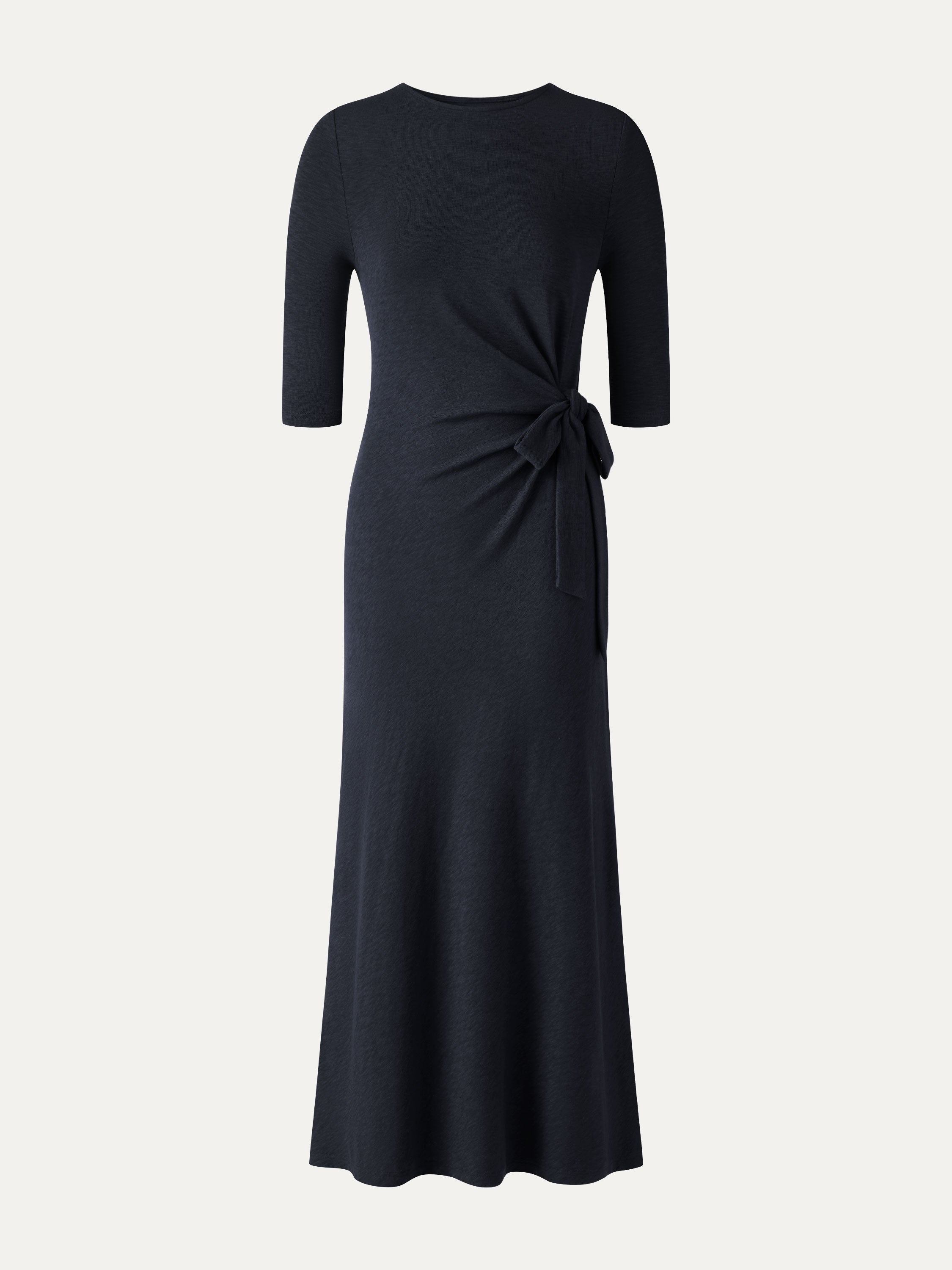 Slub Ribbed Round Neck Elbow Sleeve Tie-Waist Midi Dress