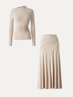 2Pcs Set Asymmetrical Long Sleeve Bra Top & A-Line Midi Skirt