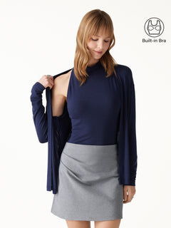 2Pcs Set Mock Neck Bra Top & Open-Front Long Sleeve Cardigan