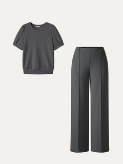 2Pcs Set Round Neck Puffed Short Sleeve Top & Cropped Straight-Leg Pants with Pockets