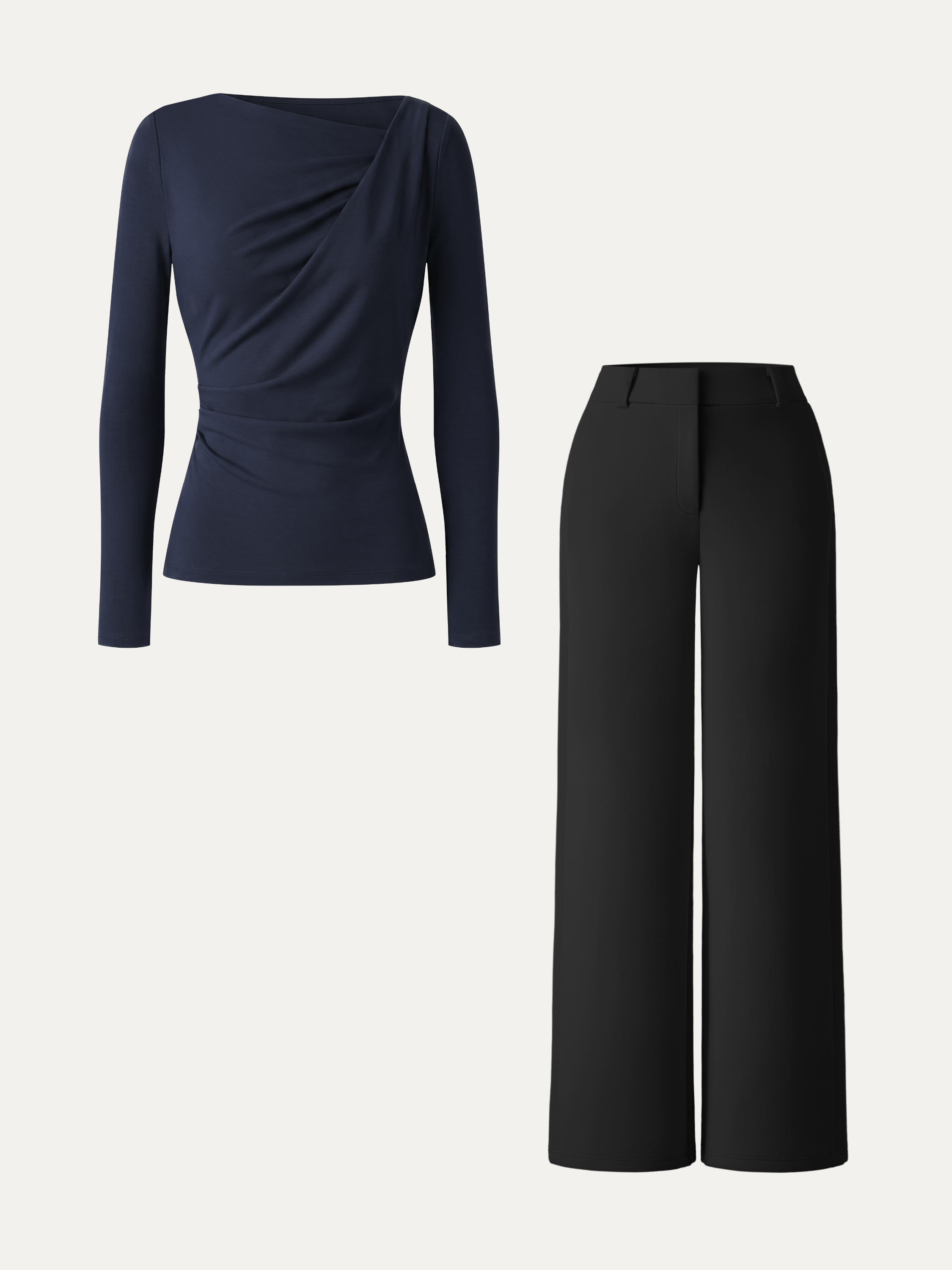 2Pcs Set Asymmetrical Neck Long Sleeve Top & Mid Rise Wide Leg Trouser