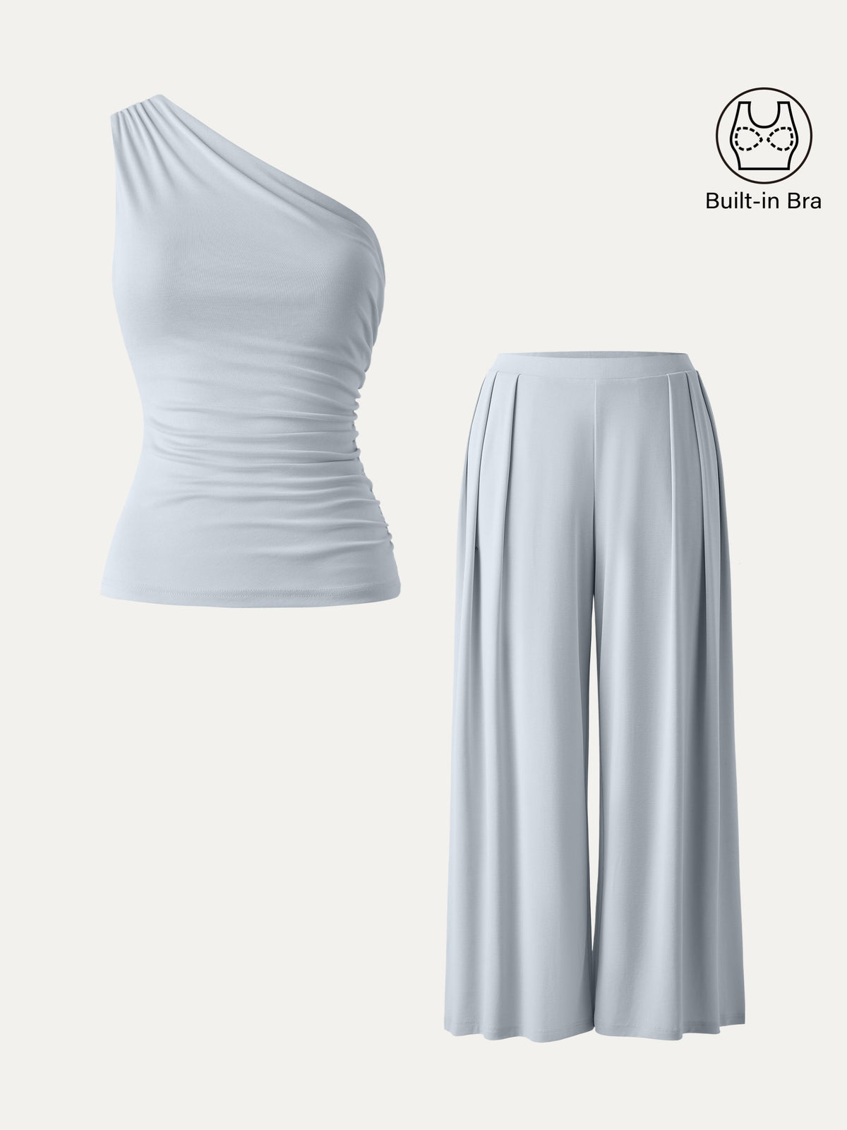 2Pcs Set Petite Wide Leg Palazzo Pant with Pockets & Ruched Bra Tank