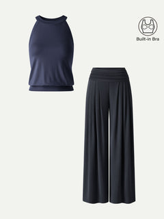 2Pcs Set Halter Neck Bra Tank & Tucked Pant with Pockets