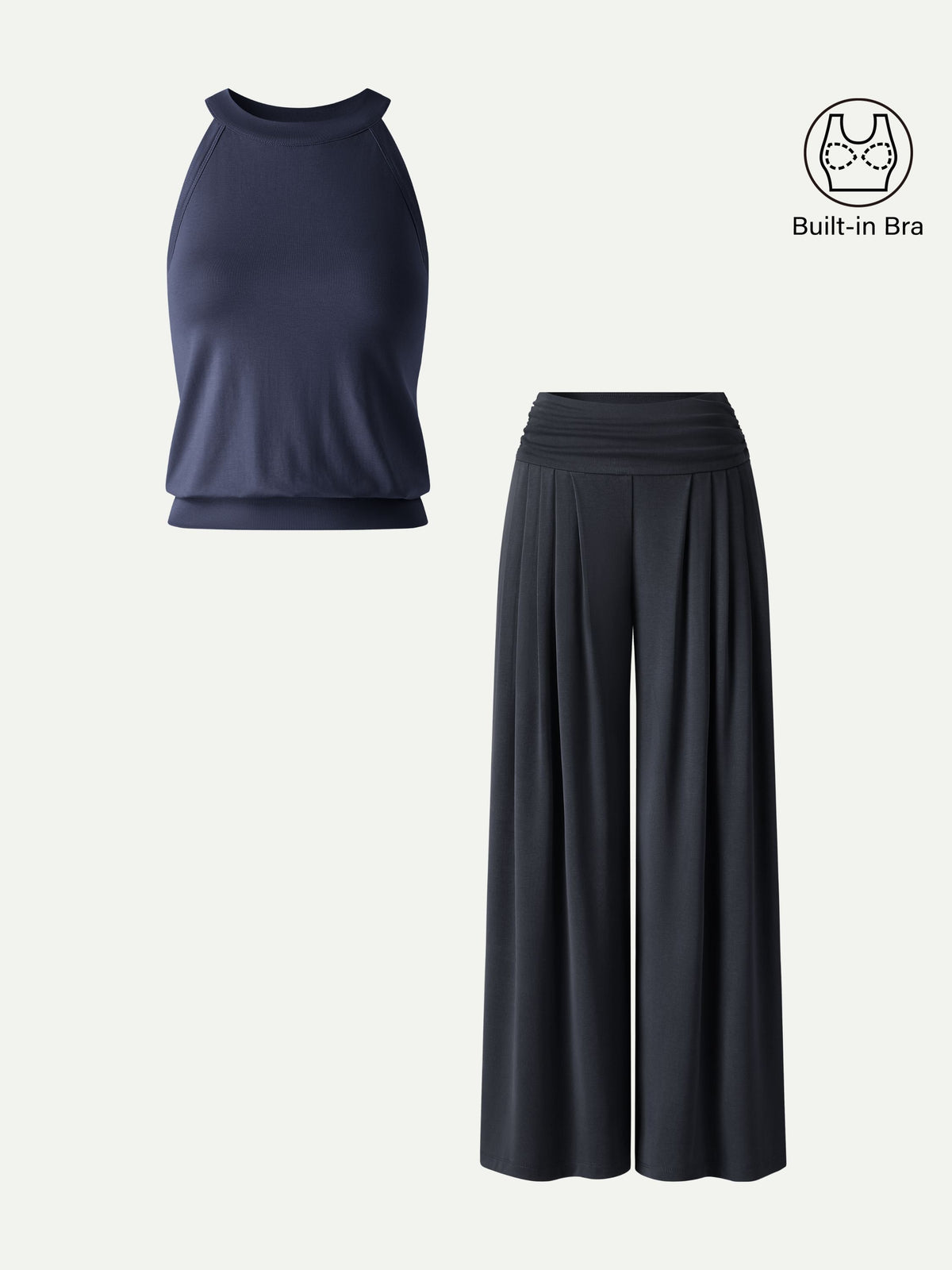 2Pcs Set Halter Neck Bra Tank & Tucked Pant with Pockets