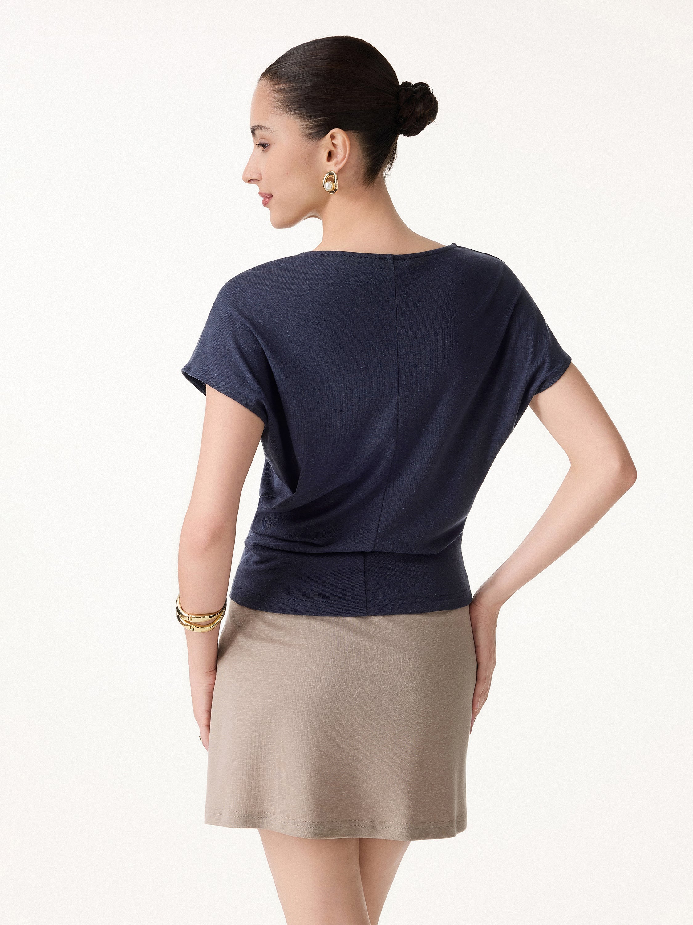 2Pcs Set Round Neck Relaxed Top & Mid Rise Fly-Front Wide Leg Trousers