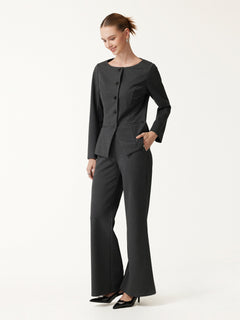 2Pcs Set Neck Long Sleeve Jacket with Pockets & Mid-Rise Wide-Leg Pants with Pockets
