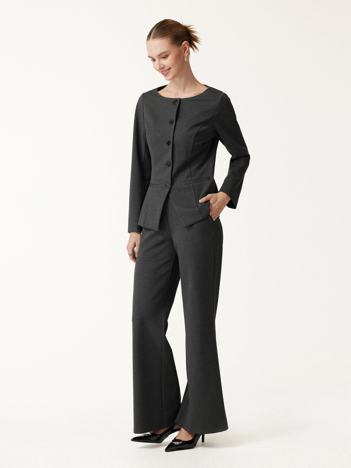 2Pcs Set Neck Long Sleeve Jacket with Pockets & Mid-Rise Wide-Leg Pants with Pockets