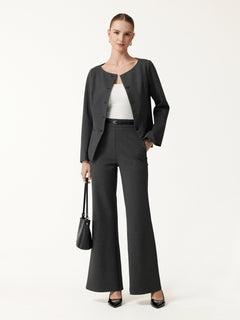 2Pcs Set Neck Long Sleeve Jacket with Pockets & Mid-Rise Wide-Leg Pants with Pockets